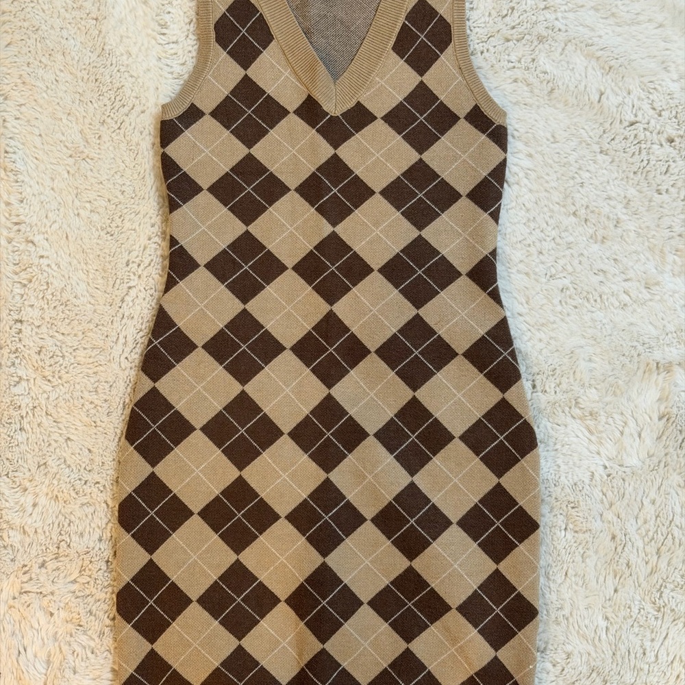 NEW! Aster Argyle Patterned Mini Dress - Brown and Tan